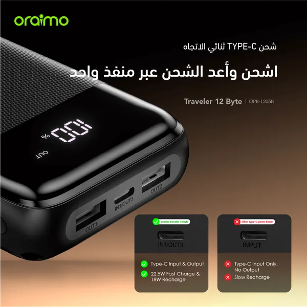 باور بانك Oraimo Traveler 12 Byte OPB-1205N – 20,000 مللي أمبير – 12 واط