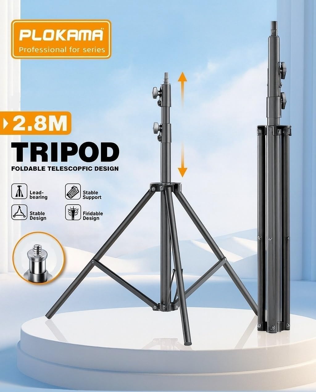 حامل ثلاثي احترافي PK-280D – تصميم تلسكوبي 2.8 متر، قاعدة غير قابلة للانزلاق، متوافق مع الكاميرات والهواتف