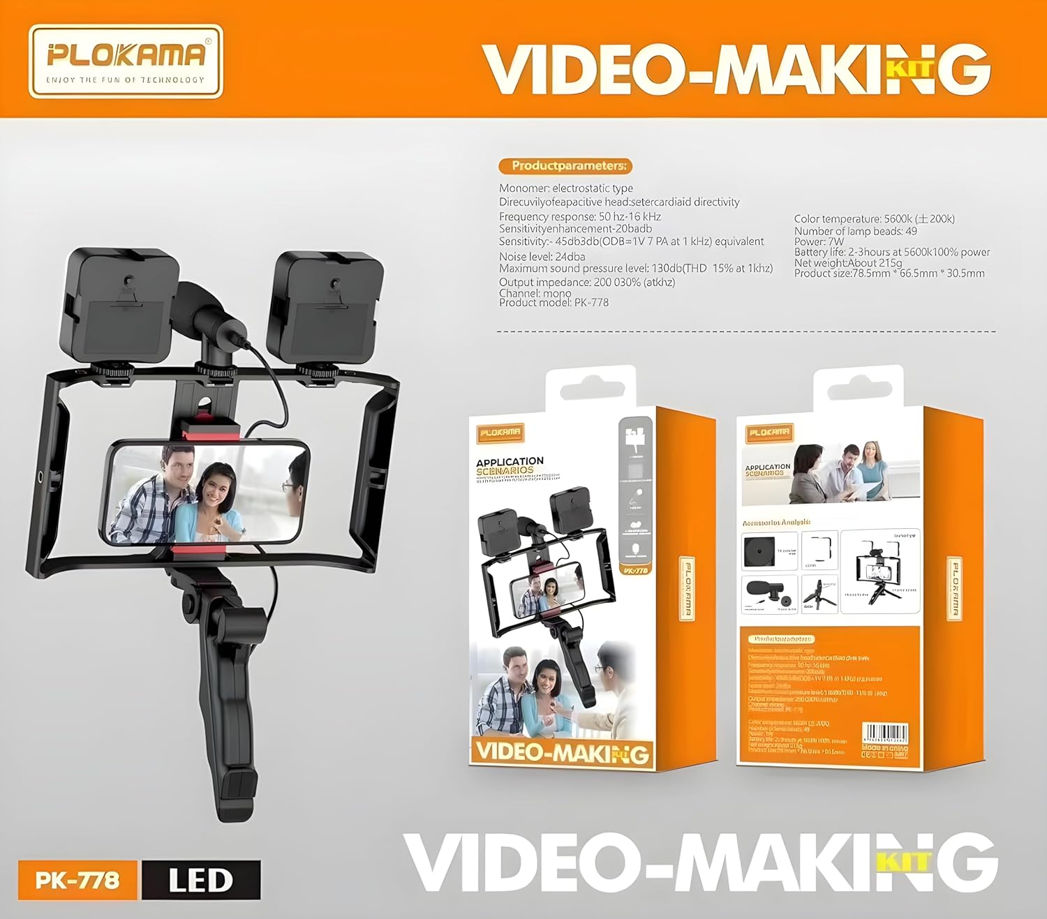 عدة تصوير احترافية للموبايل PLOKAMA PK-778 – حامل ثلاثي، ميكروفون، وإضاءتان LED مربعتان محمولتان 7 وات مع ريموت كنترول