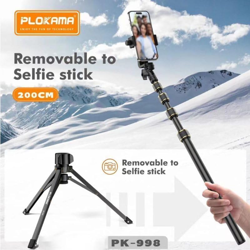 حامل ثلاثي PLOKAMA PK-998 – قابل للتعديل للكاميرات والهواتف المحمولة، خفيف الوزن، أسود/ذهبي، ارتفاع حتى 2 متر